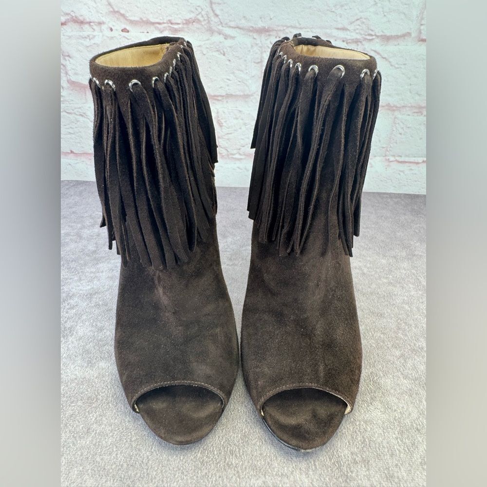 Prada Brown Fringe Peep-Toe Suede Heeled Boots Booties 37.5 - Picture 5 of 9